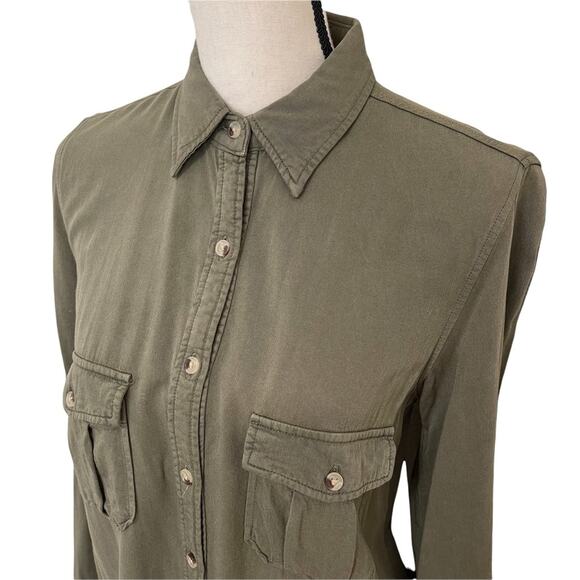 Harper Collared Hi-Low Hem Long Sleeve Button Front Blouse Women's Olive Size M - Picture 1 of 9